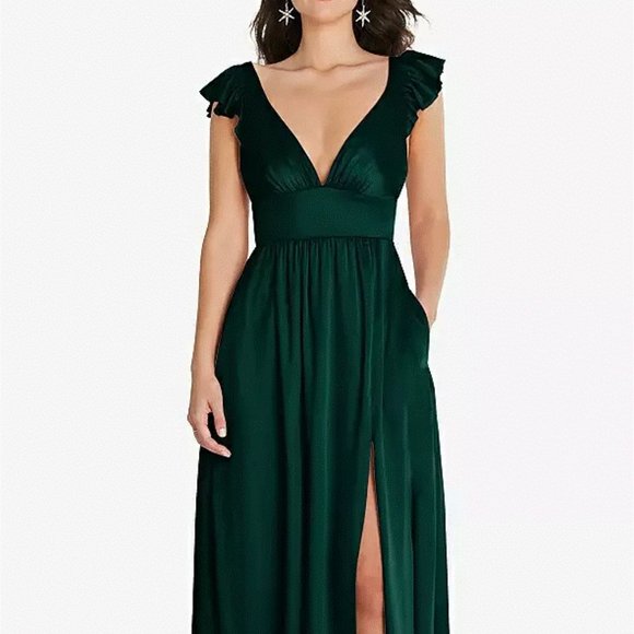 Thread Bridesmaid Dresses & Skirts - Deep V-Neck Ruffle Cap Sleeve Maxi Dress, Convertible Straps..Evergreen...Sz L